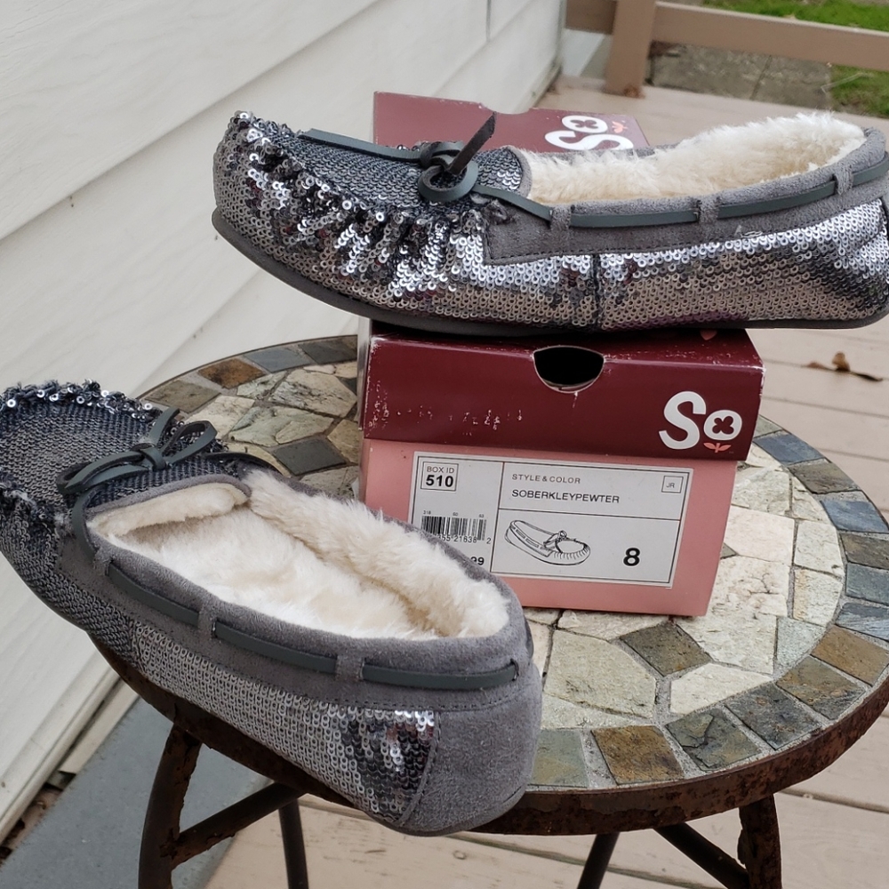 Slippers Silver Fur Moccasins (never worn)
